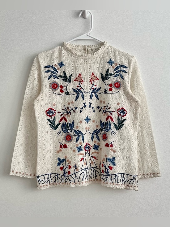 Sezane Tops - Sezane Garance Floral Embroidered Pointelle Cotton Crew Neck 3/4 Sleeve Blouse
